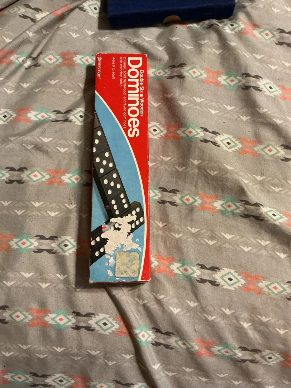 1983 Pressman Classic Double Six Wooden Dominoes Set - Red & Blue Box